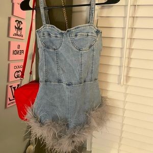 Edikted Denim Romper with Fur at the Bottom. Size Small.